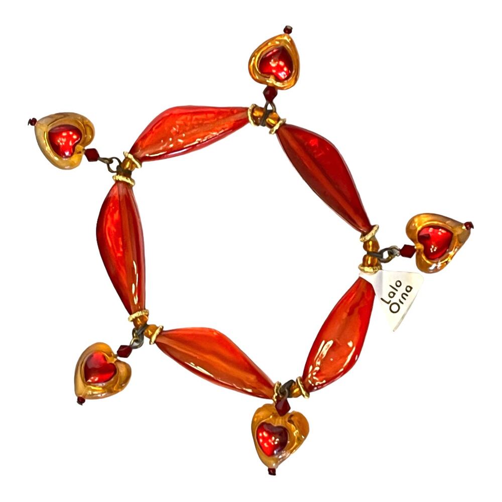 Lalo Bracelet Heart Dangle Beaded Acrylic Charms Red Orange 7-9" Stretch New